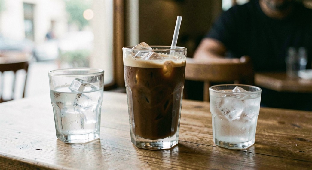 Americano served the Italian way with cold soda water: representative view of highball build with ice quality nearby