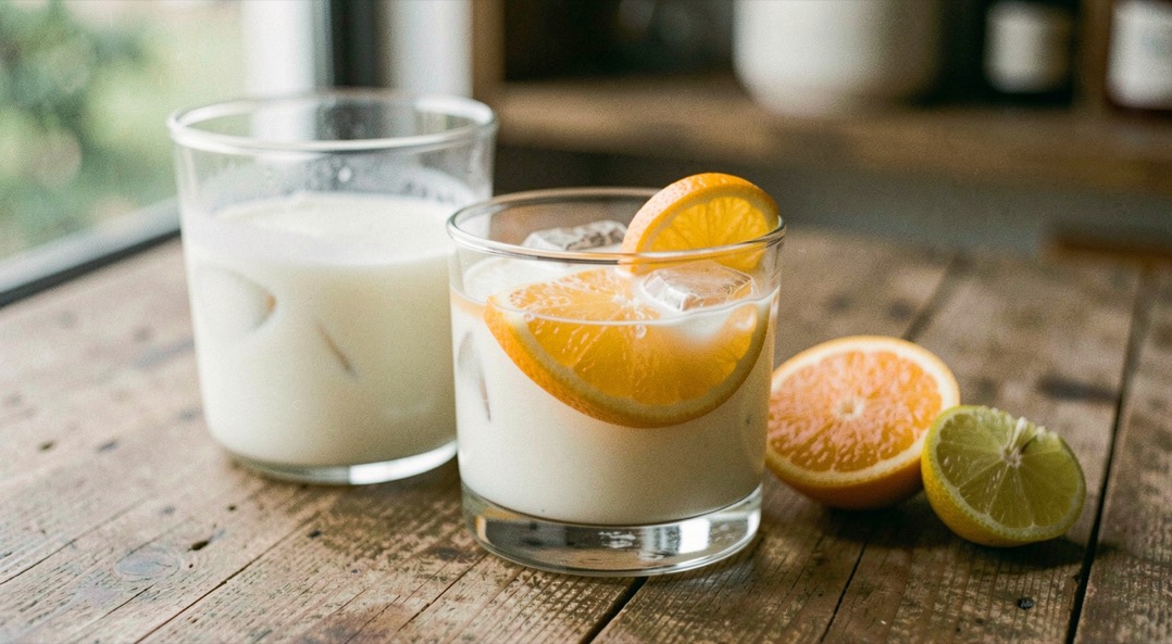 Clarified citrus for bright shelf stable Italian cocktails: representative view of milk punch with clarification nearby