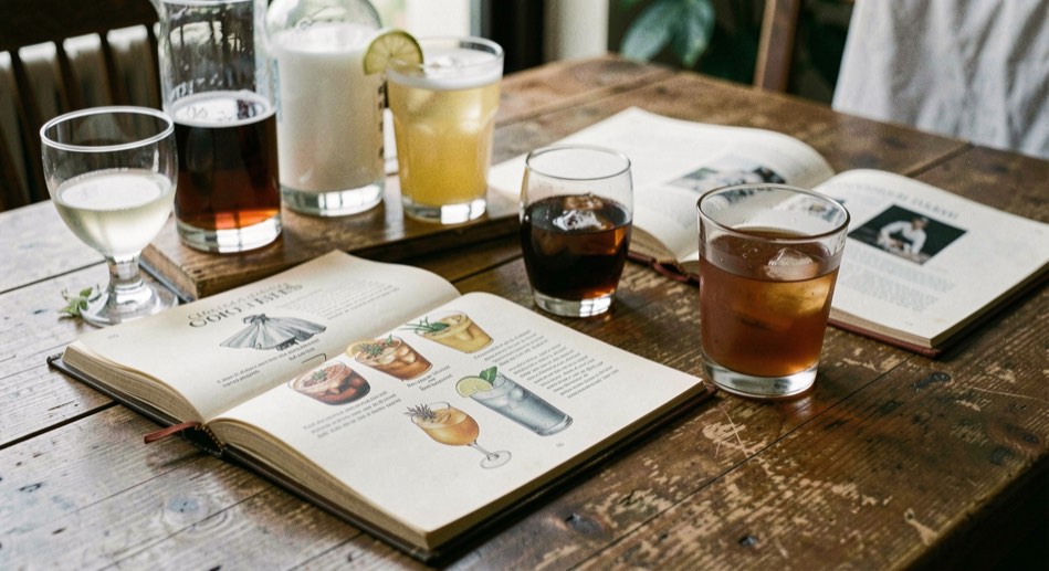 A selection of classic cocktail guides with glasses, citrus and measured pours
