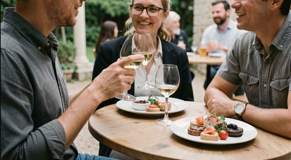 How aperitivo hour shapes food drink and conversation: representative view of standing table with small snack nearby
