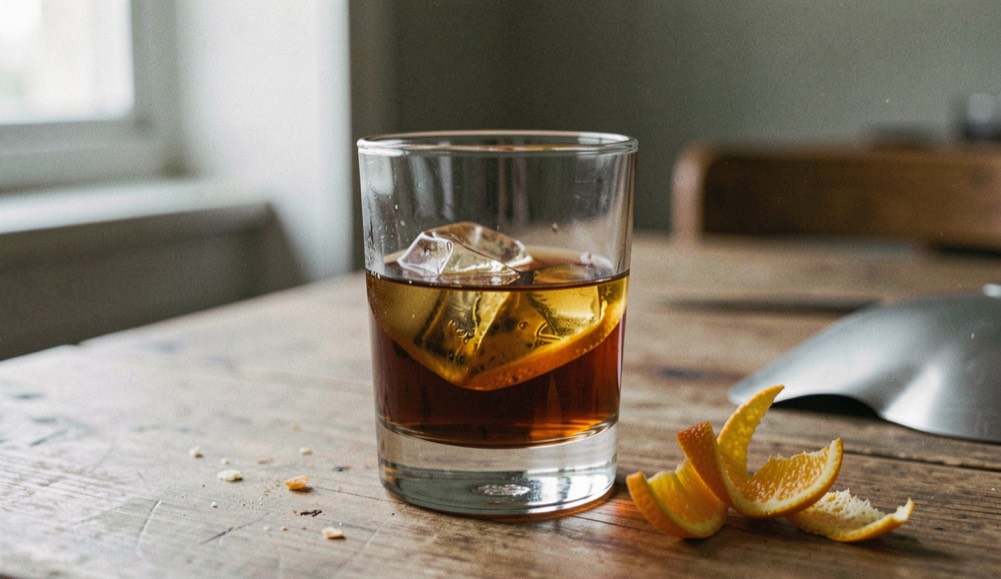 Negroni balance through bitterness sweetness and dilution: representative view of equal parts method with orange peel nearby