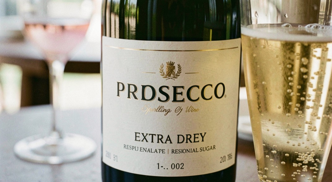 Prosecco sparkling wine labels from brut to extra dry: representative view of residual sugar with perlage nearby