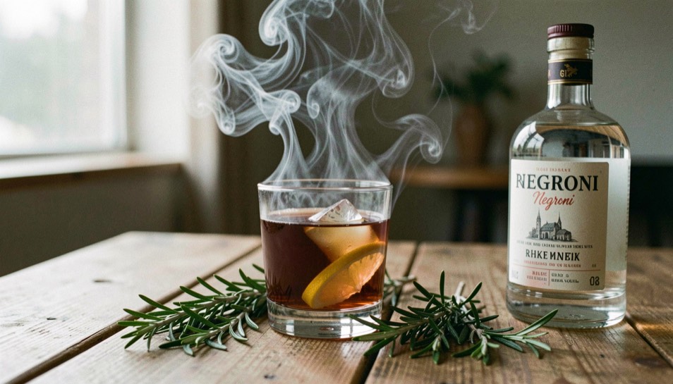 Smoked rosemary Negroni variations without losing balance: representative view of aromatic smoke with gin selection nearby